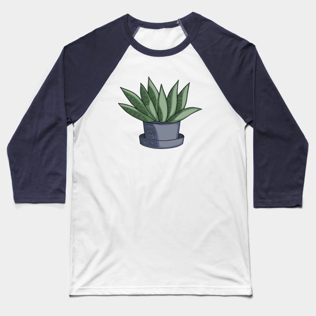 Green Aloe Succulent Cactus in Blue Pot Hand Drawn Line Art Baseball T-Shirt by ksrogersdesigns